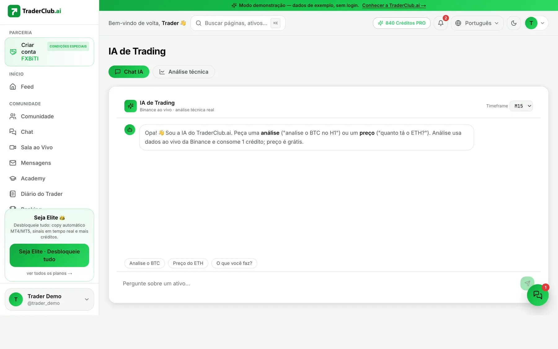 Tela real do Chat IA do TraderClub.ai em modo demonstração