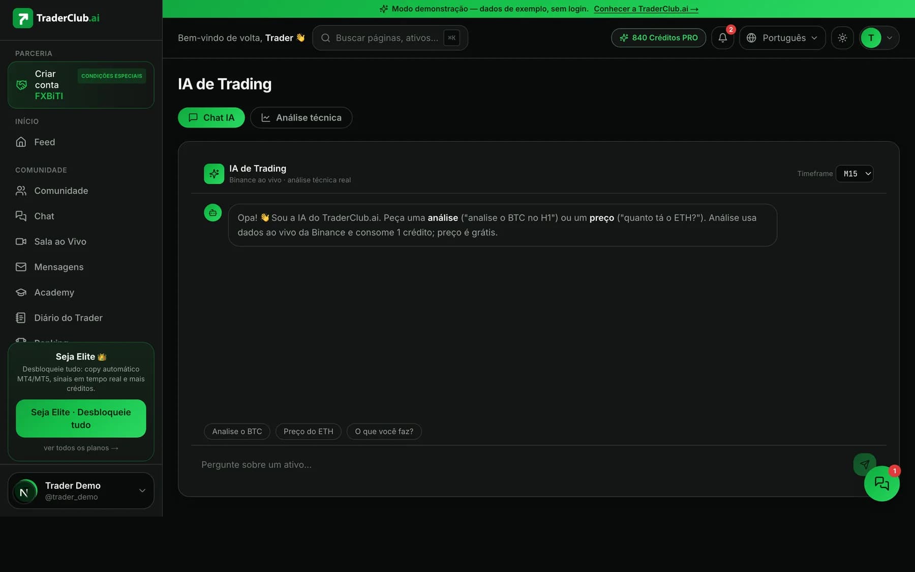Tela real do Chat IA do TraderClub.ai em modo demonstração