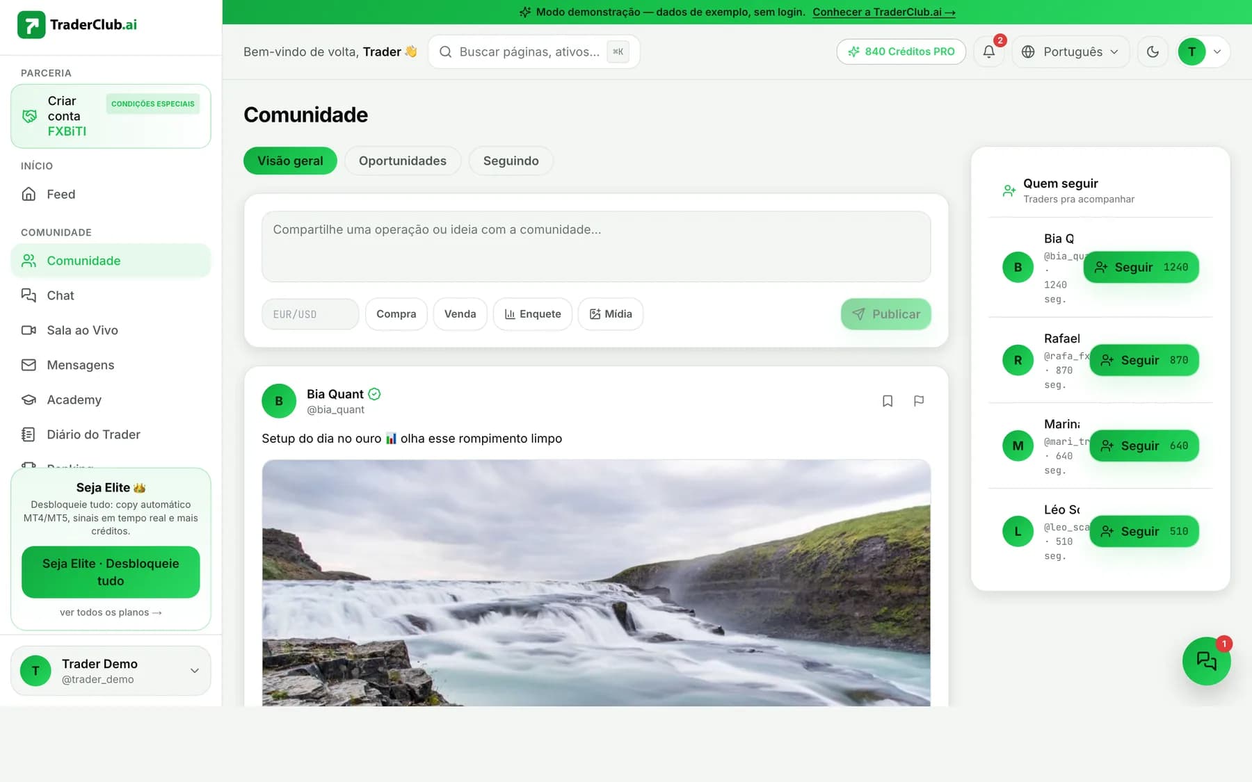 Tela real da Comunidade do TraderClub.ai em modo demo — feed de operações, ideias e quem seguir