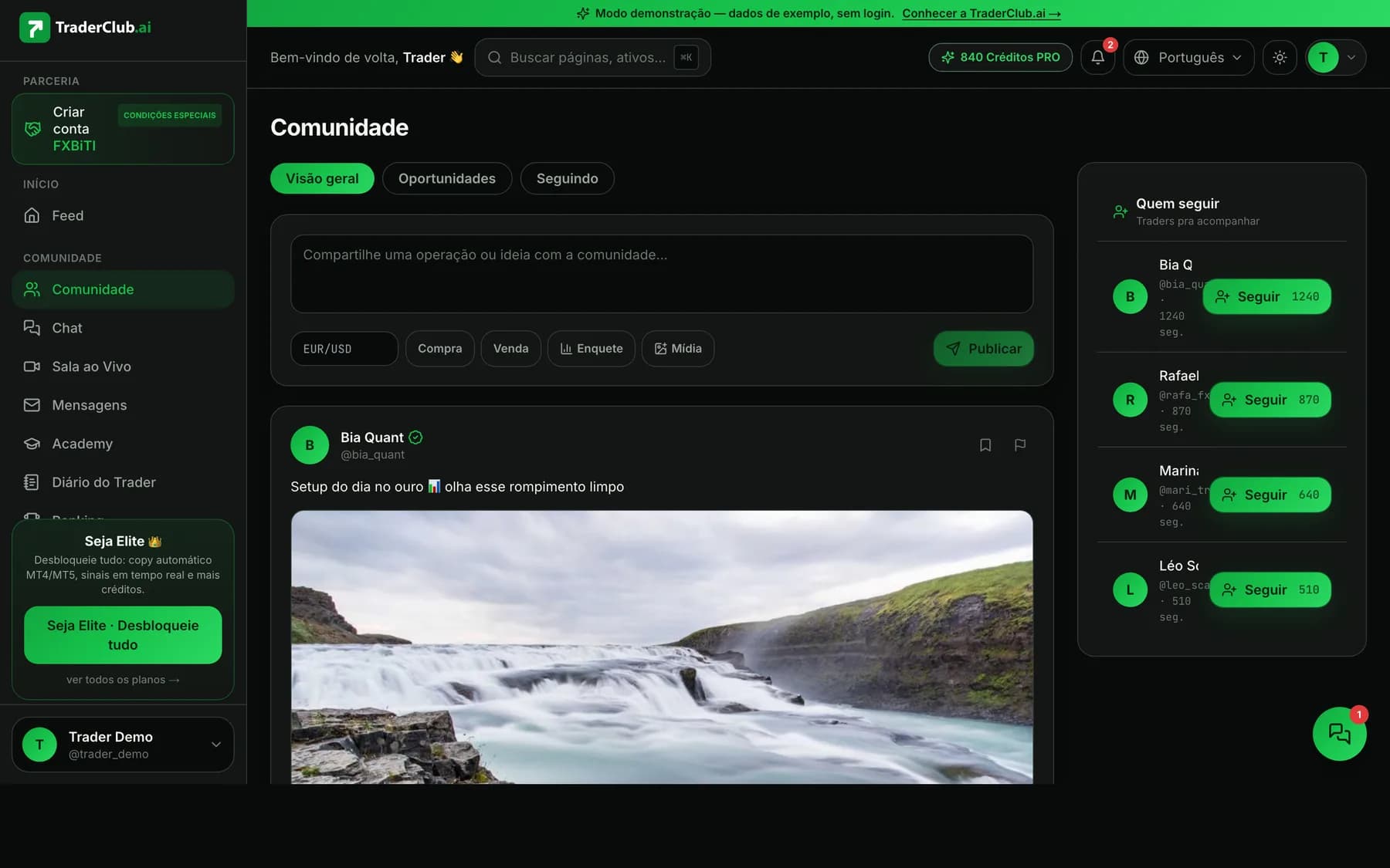 Tela real da Comunidade do TraderClub.ai em modo demo — feed de operações, ideias e quem seguir